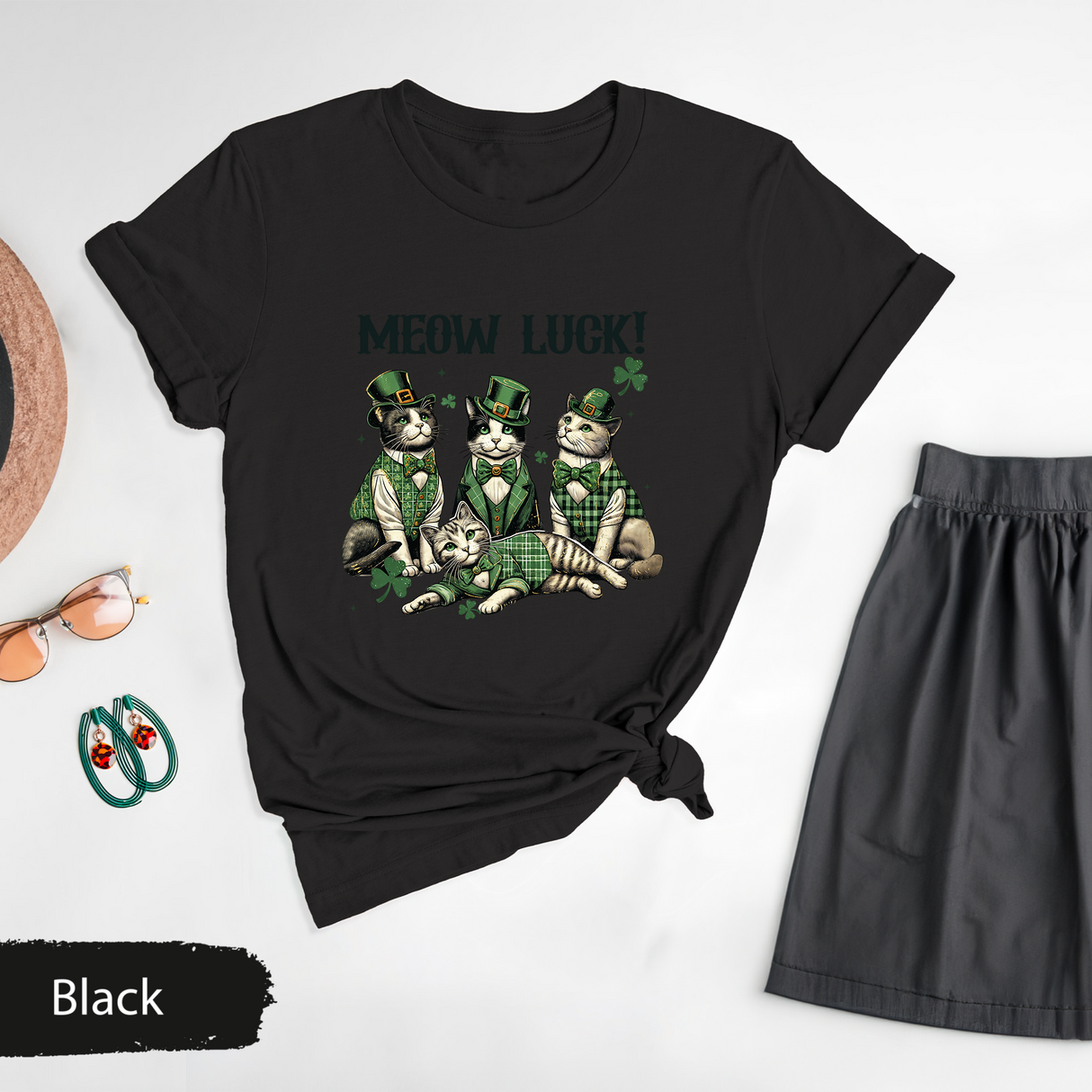 Meow Luck St Patricks Day Shirt, Cute Leprechaun Cats T-Shirt, Funny Irish Kitty Tee, Lucky Cat Lover Shirt, Patricks Day Gift for Cat Mom
