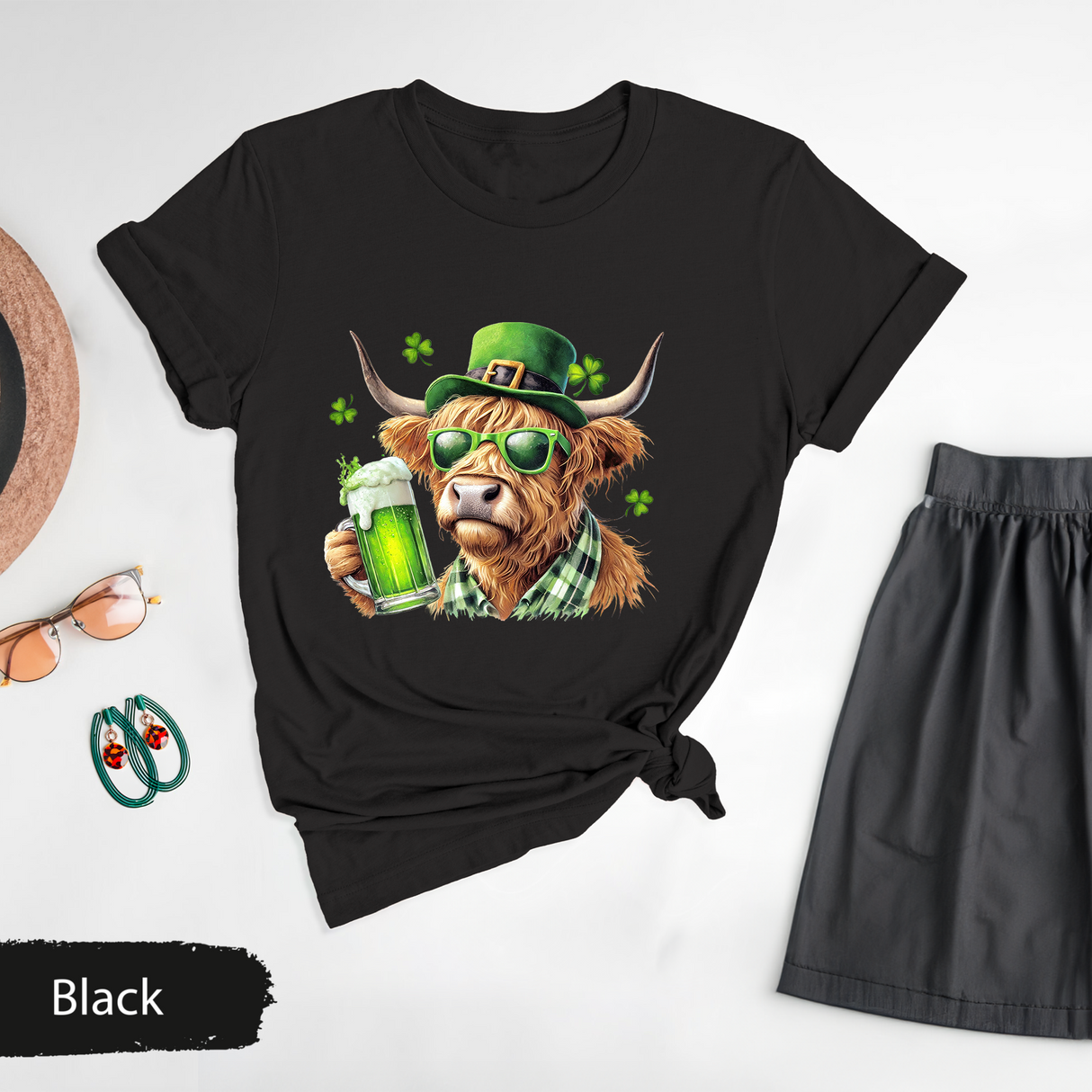 Highland Cow St. Patrick's Day Shirt, Irish Beer Drinking Cow Tee, Funny Lucky Cow T-Shirt, Shamrock Highland Cattle Tee, Retro St Patricks