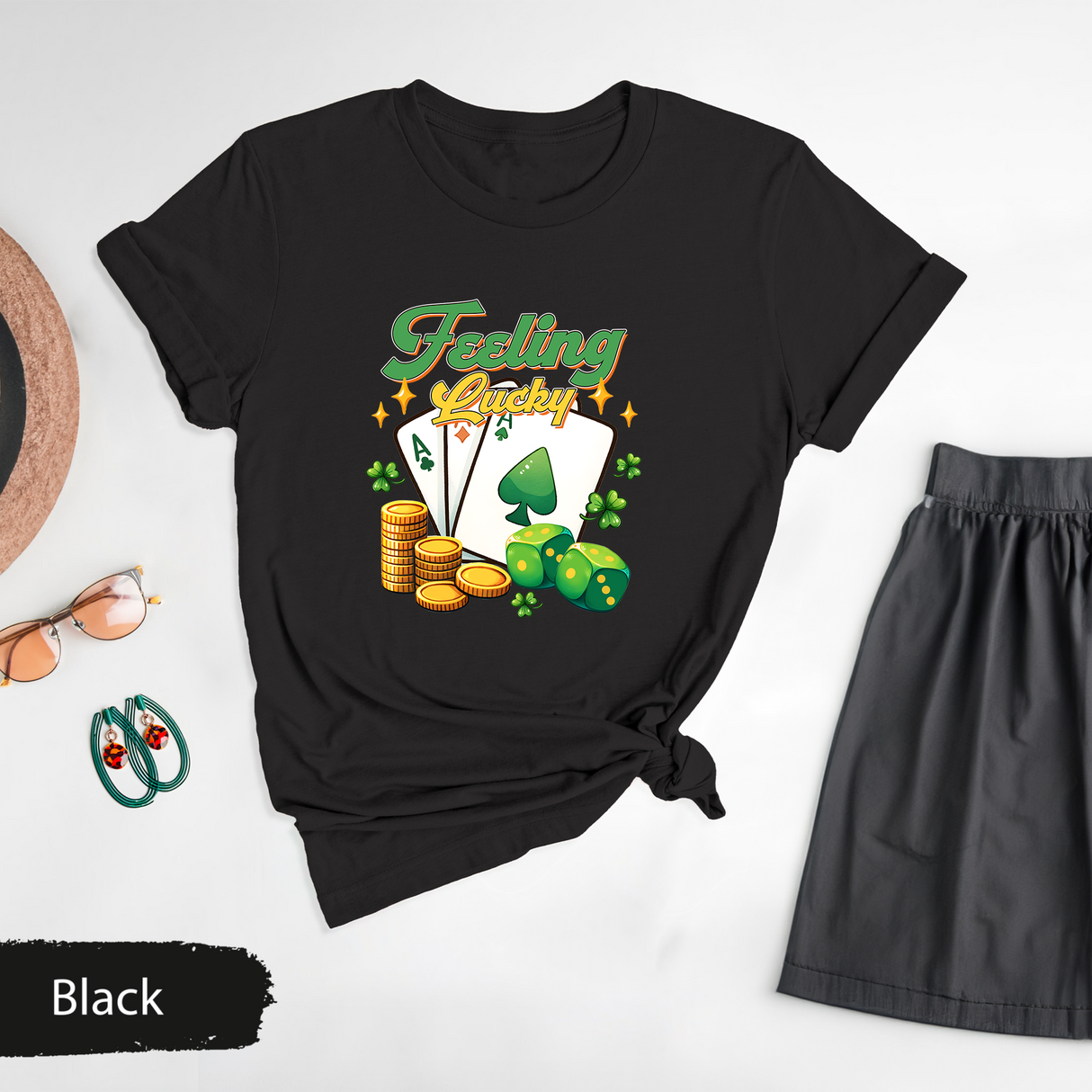 Feeling Lucky St. Patrick's Day T-Shirt, Irish Clover Graphic Tee, Saint Patricks Day Shirt, Lucky Dice Poker Cards Shirt, St. Paddy's Gift