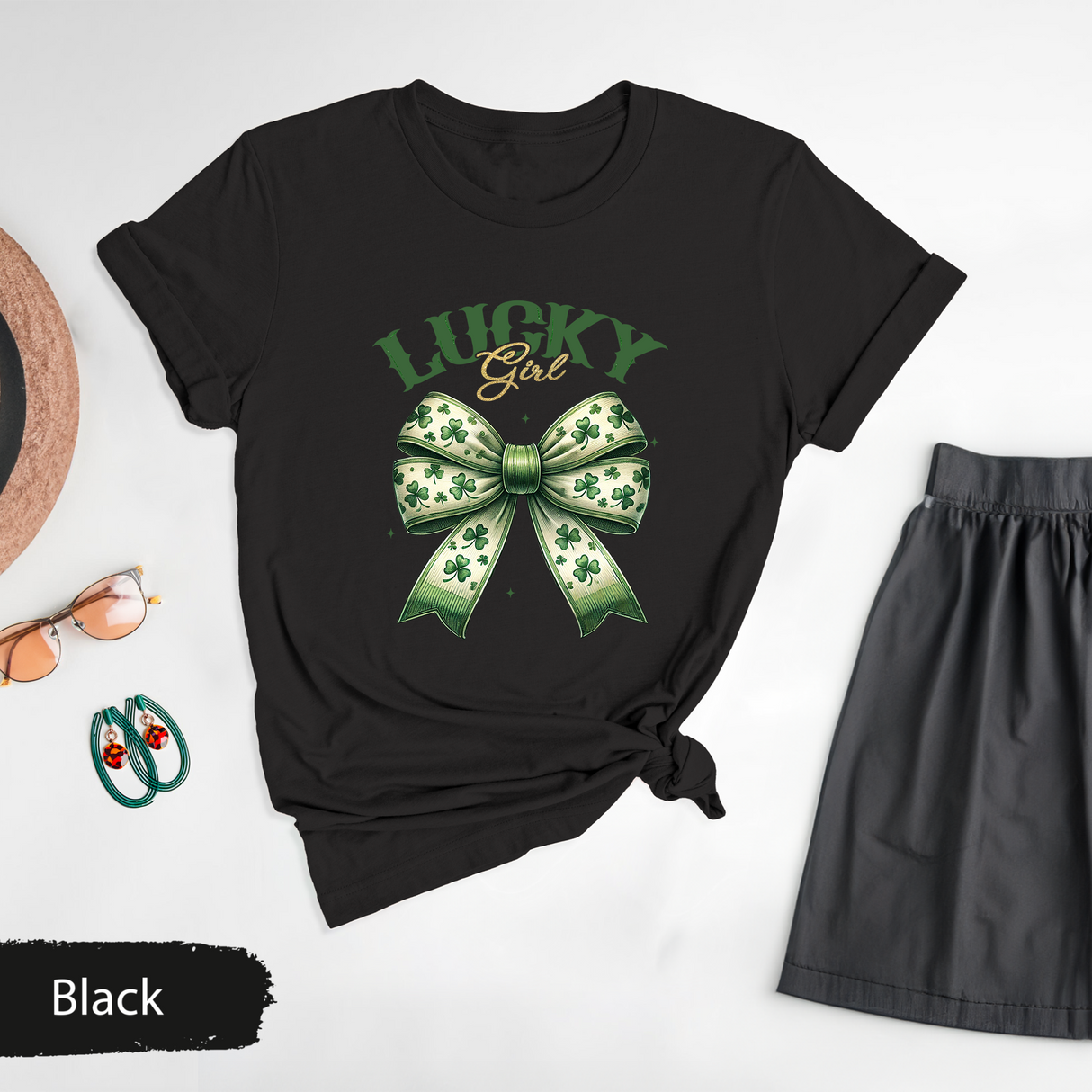 St Patricks Day Lucky Girl T-Shirt, Western Irish Girl Shirt, St Paddys Coquette Bow Shirt, Womens St Patricks Outfit, Irish Lucky Shirt