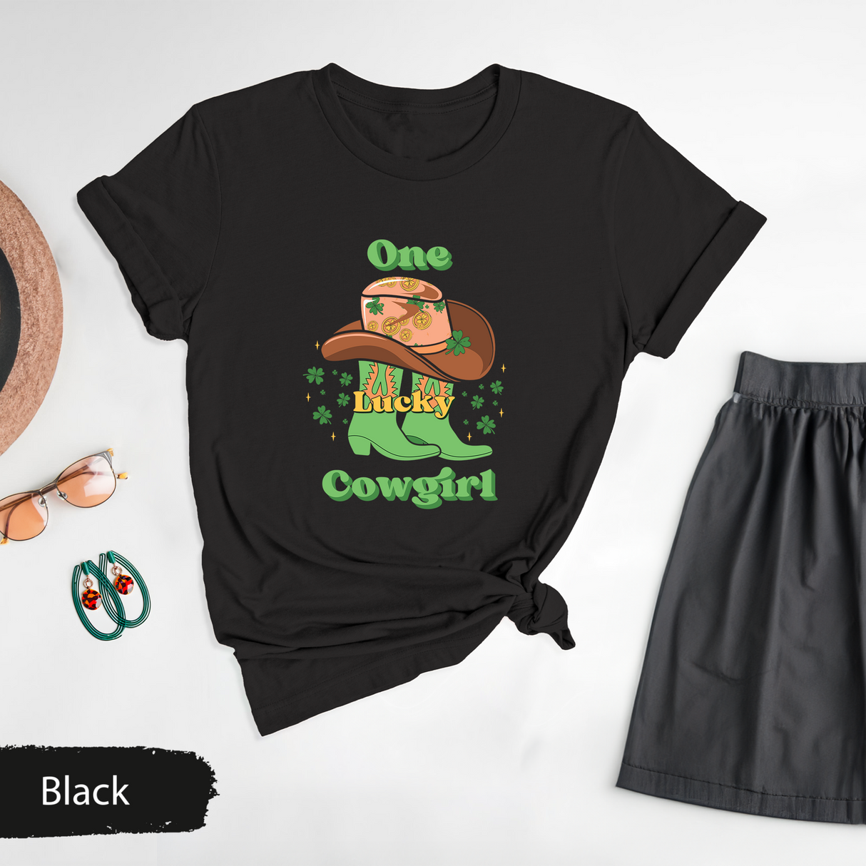 One Lucky Cowgirl Tsahirt, St. Patrick's Day Shirt, Western Rodeo Shirt, Lucky Clover Cowboy Boots Shirt, Women Saint Patty's Day Graphic Tee