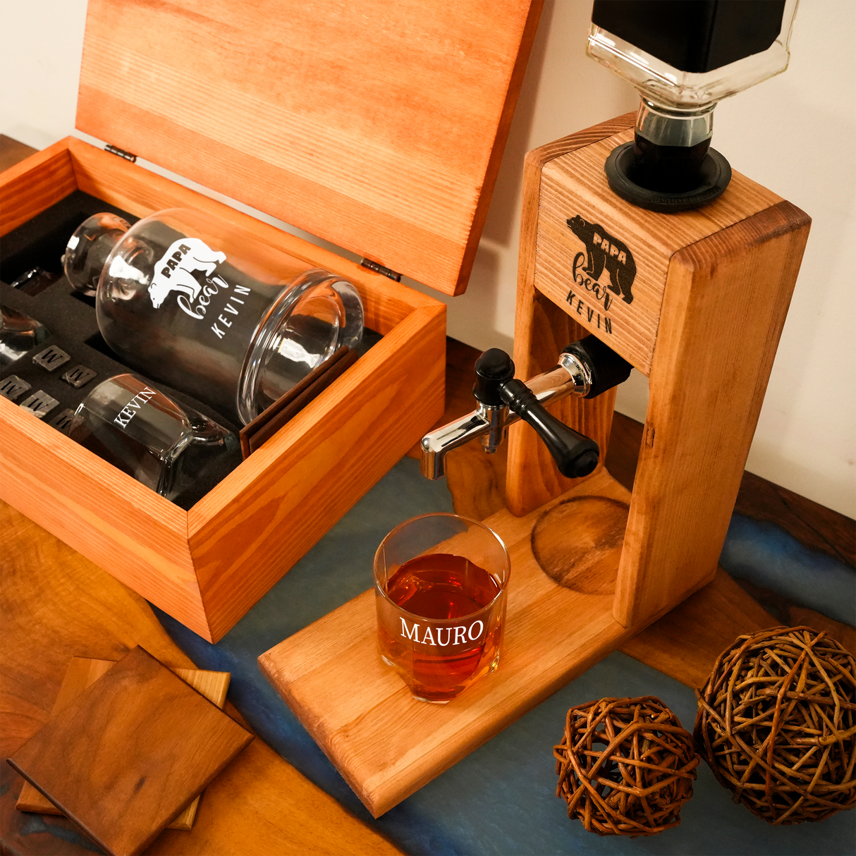 Personalized Name Wooden Whiskey Dispenser with Glasses, Grandpa Gifts, Liquor Decanter, Fathers Day, Alcohol Gift Set, Barware for Men