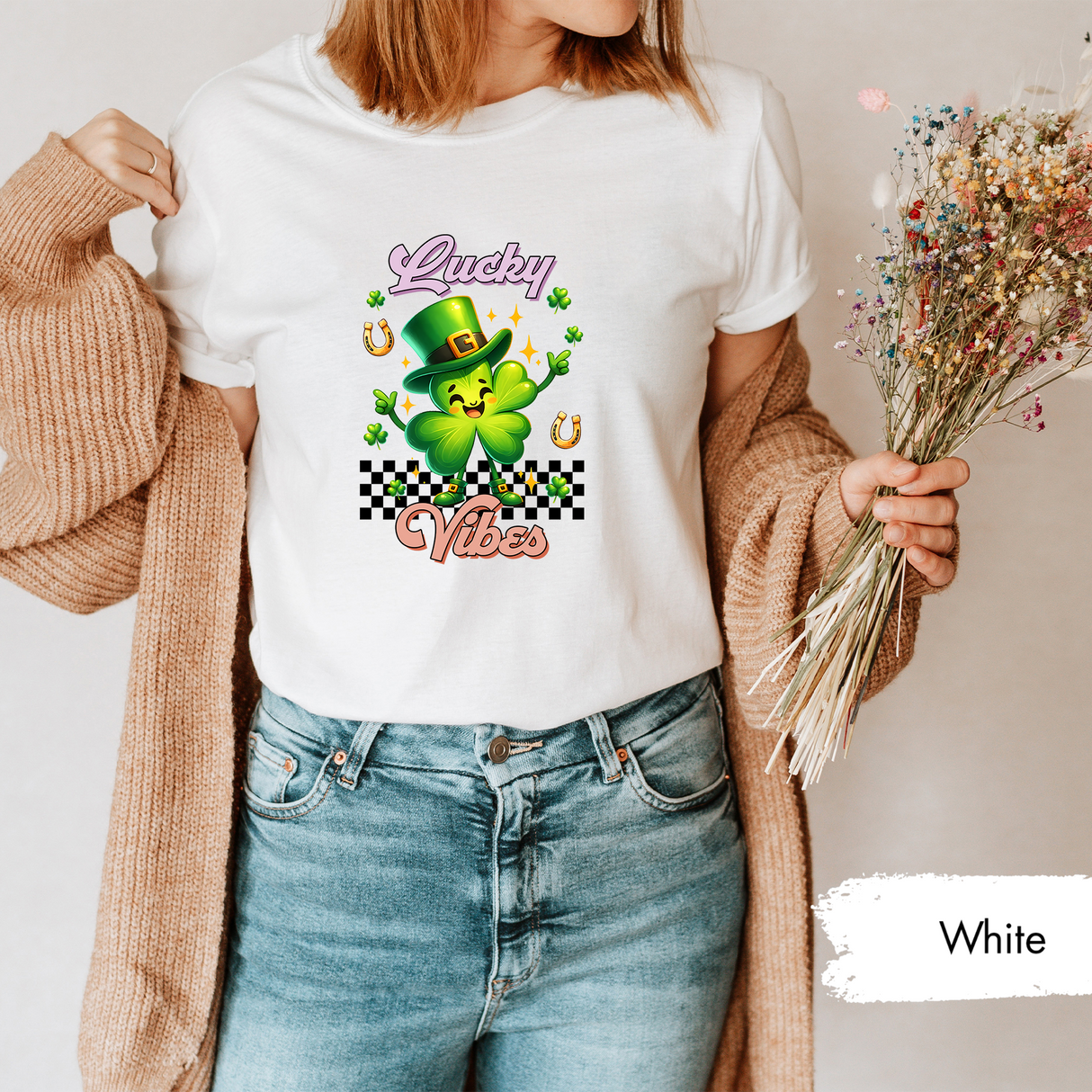 Lucky Vibes St Patricks Day Shirt, Cute Shamrock Leprechaun Tee, Irish Clover Graphic T-Shirt, Fun St. Paddys Day Shirt, Lucky Charm Gift