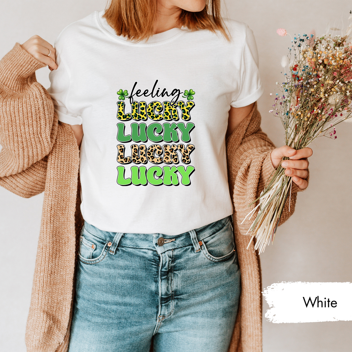 Feeling Lucky Shirt, St. Patrick’s Day Leopard Print Tee, Shamrock Lucky Graphic T-Shirt, Trendy Irish Day Gift, St Paddys Day for Womens