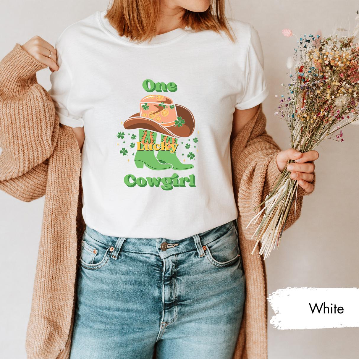 One Lucky Cowgirl Tsahirt, St. Patrick's Day Shirt, Western Rodeo Shirt, Lucky Clover Cowboy Boots Shirt, Women Saint Patty's Day Graphic Tee