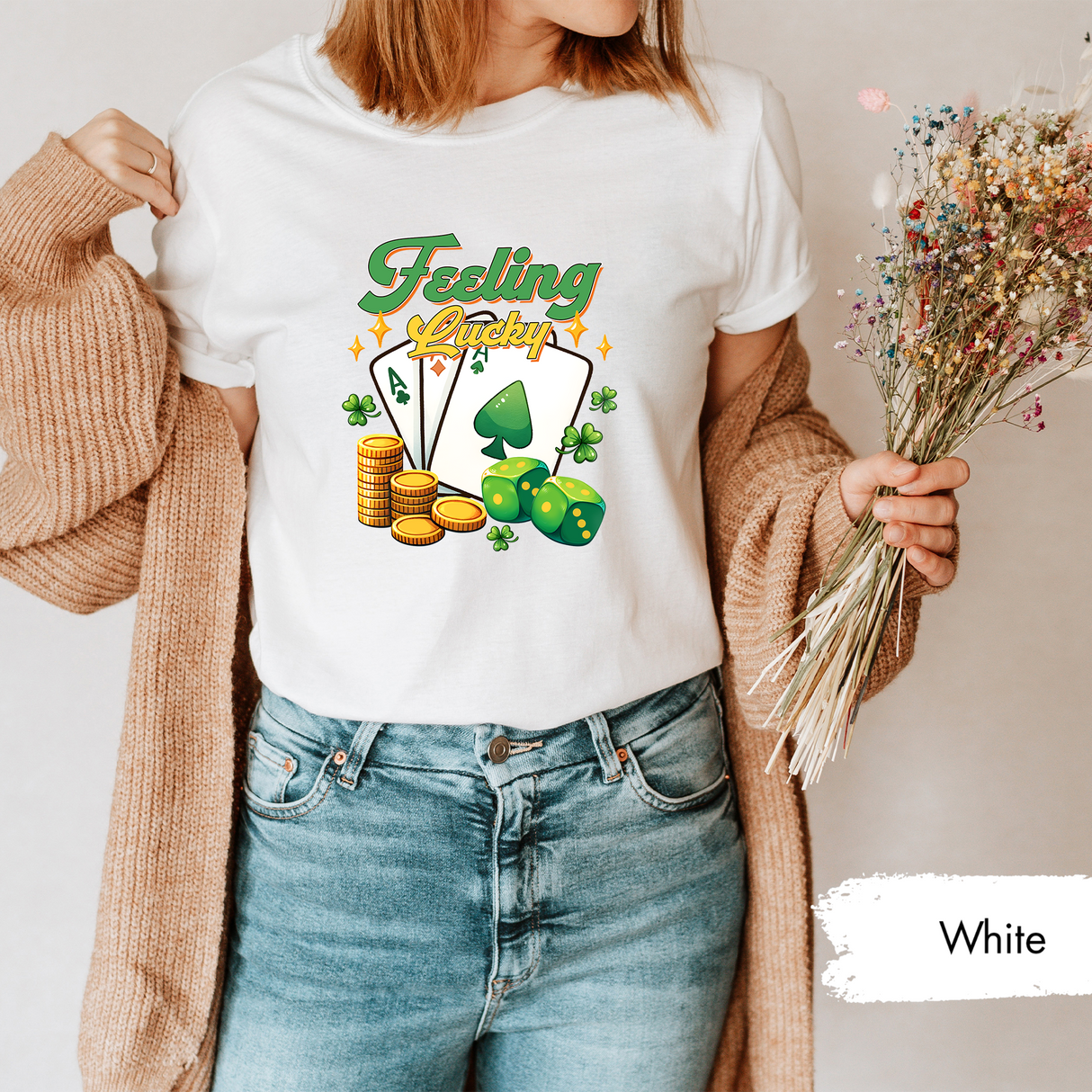 Feeling Lucky St. Patrick's Day T-Shirt, Irish Clover Graphic Tee, Saint Patricks Day Shirt, Lucky Dice Poker Cards Shirt, St. Paddy's Gift