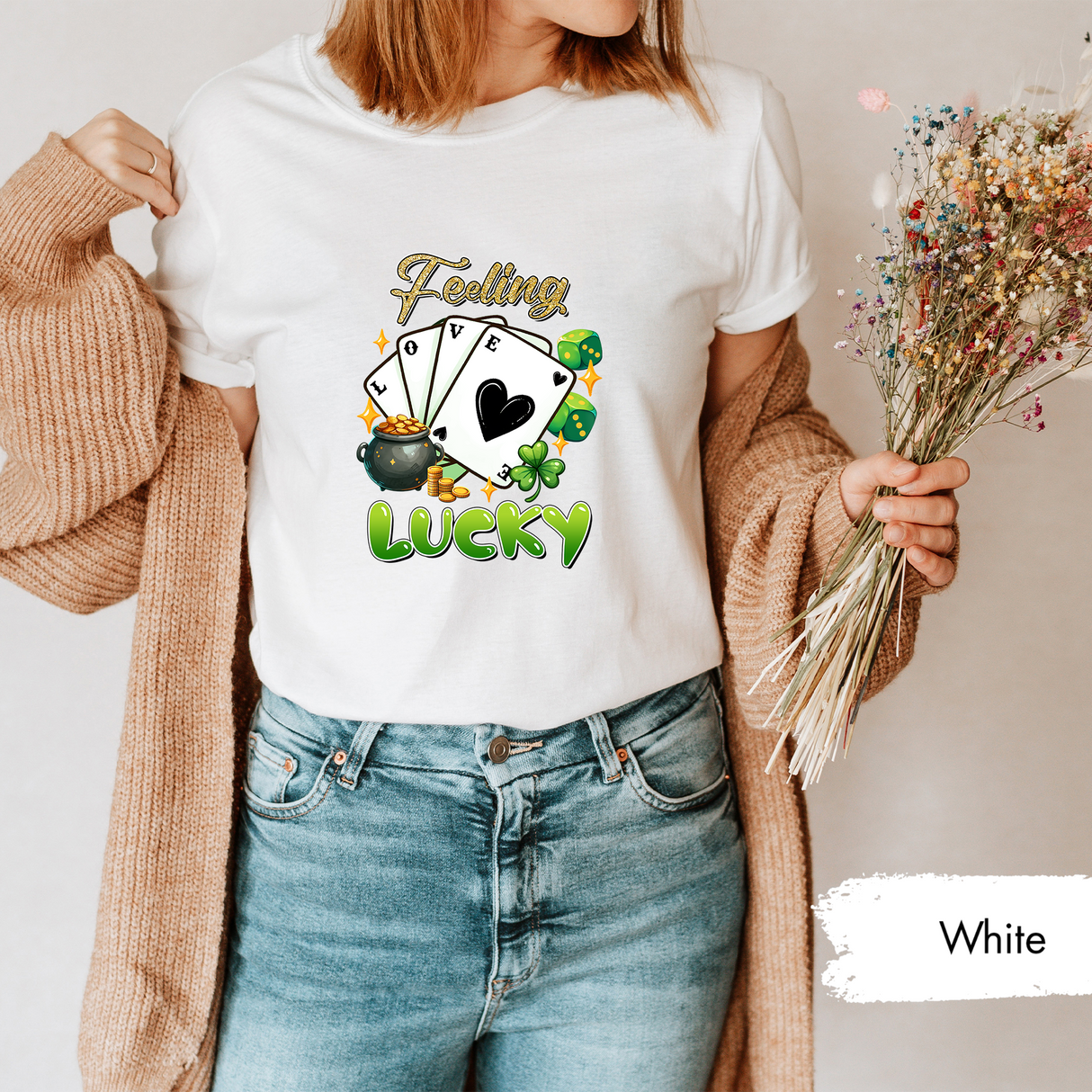 Feeling Lucky Glitter St Patricks Day Shirt, Irish Poker Cards Tee, Lucky Clover T-Shirt, Gambling Tee, St Patricks Gift, Gifts for Her