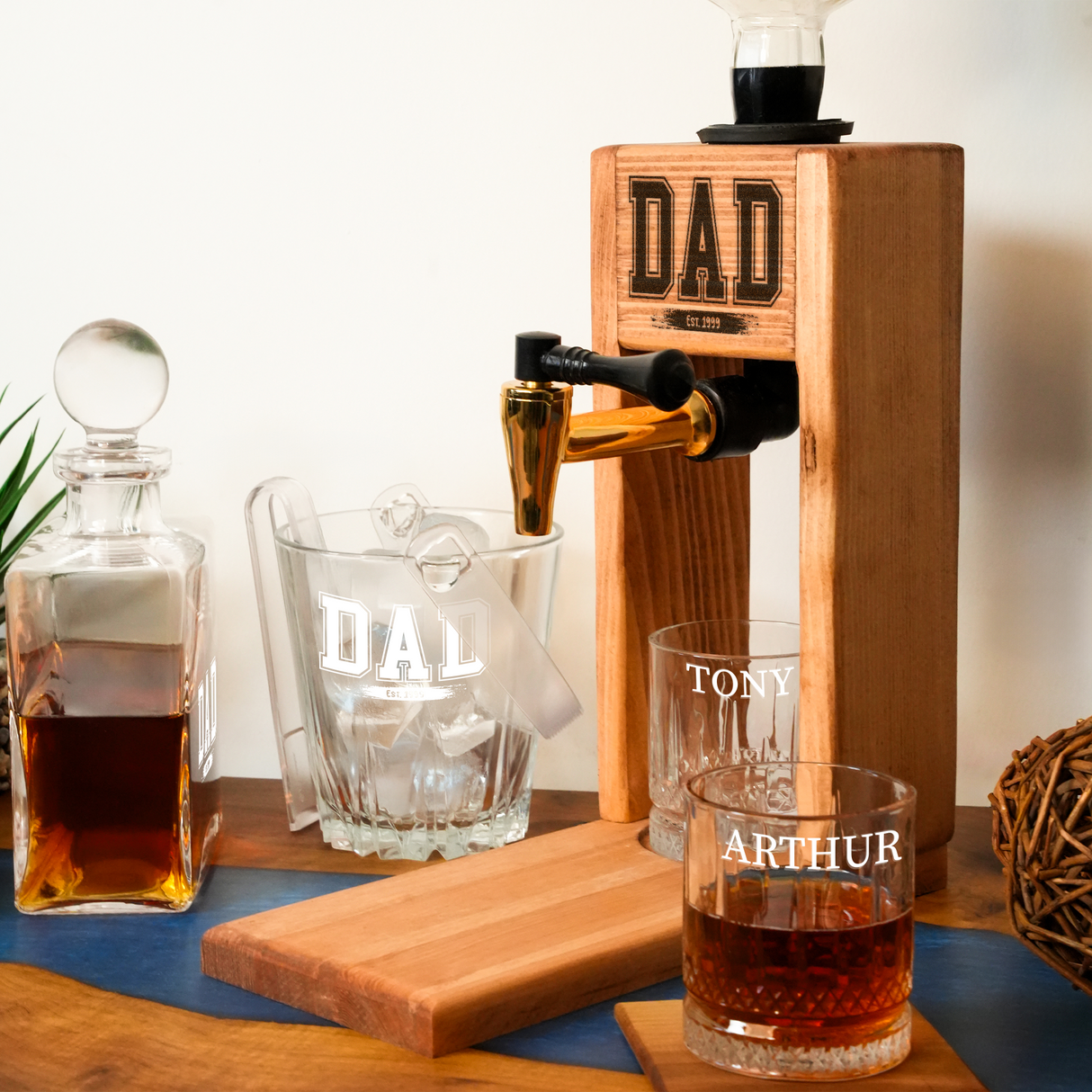 Engraved Whiskey Dispenser, Personalized Wood Liquor Dispenser, Whiskey Gift for Dad, Fathers Day Gift, Grandpa Home Bar Gift, Gifts for Men