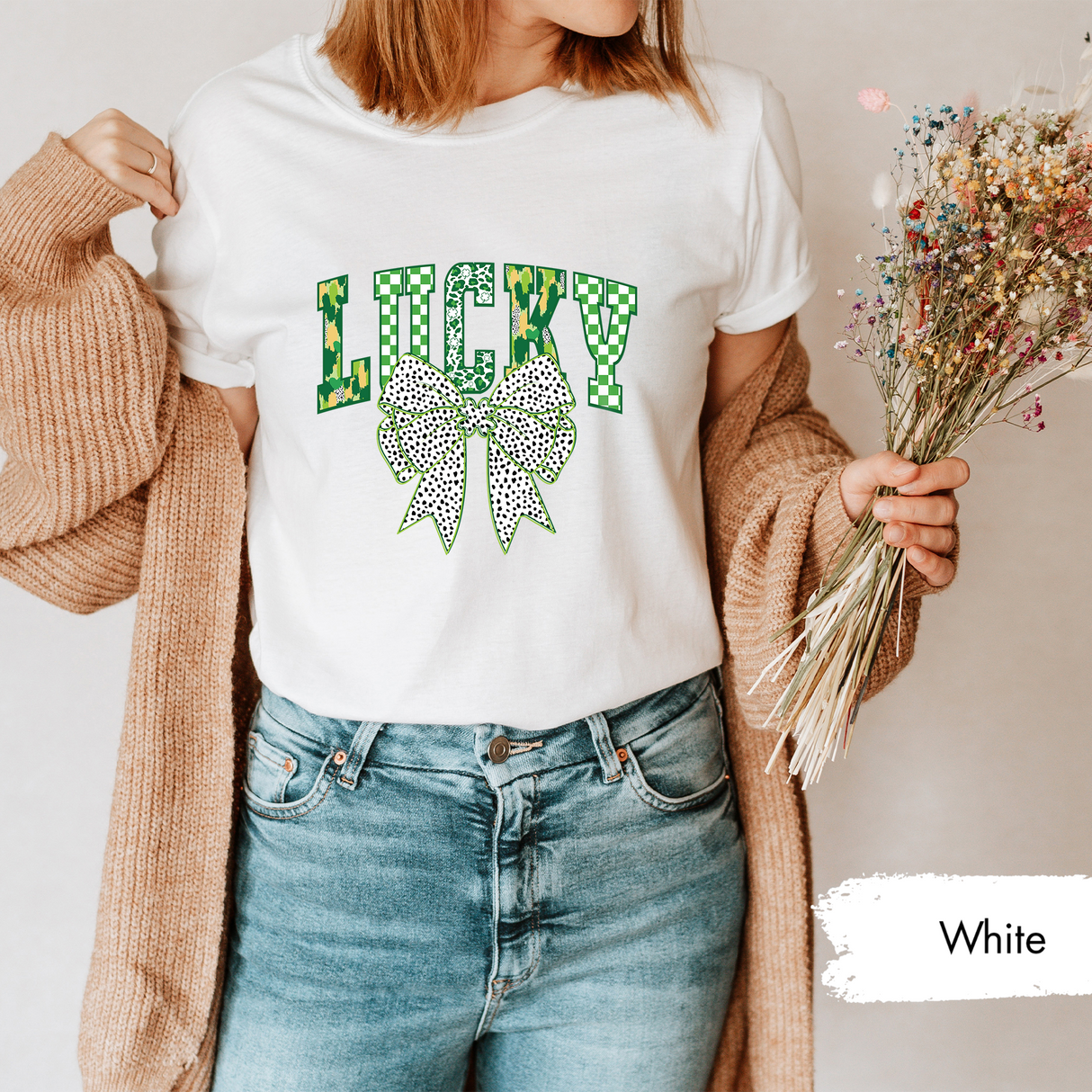 Lucky St. Patrick's Day T-Shirt, Cute Coquette Bow Tee, Irish Clover Graphic Tshirt, Leopard Lucky Print Tee, Women's St Patriks Day Gift
