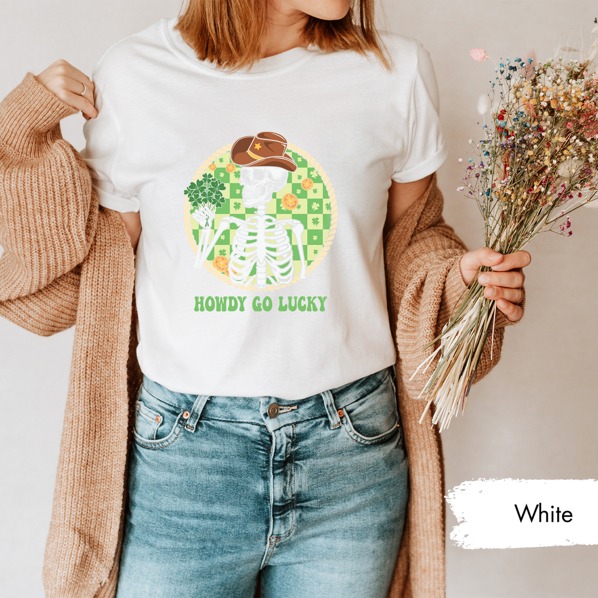 Howdy Go Lucky T-Shirt, Western St. Patricks Day Shirt, Lucky Cowboy Skeleton Tee, Funny Shamrock Irish Graphic Tees, St Paddys Day Gift