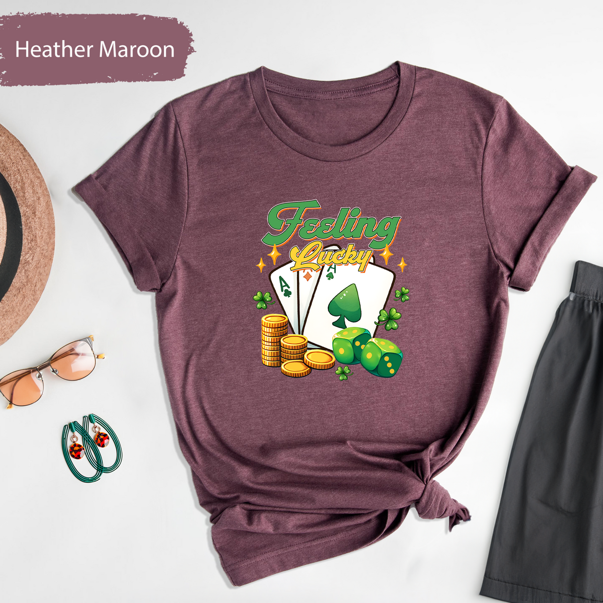 Feeling Lucky St. Patrick's Day T-Shirt, Irish Clover Graphic Tee, Saint Patricks Day Shirt, Lucky Dice Poker Cards Shirt, St. Paddy's Gift