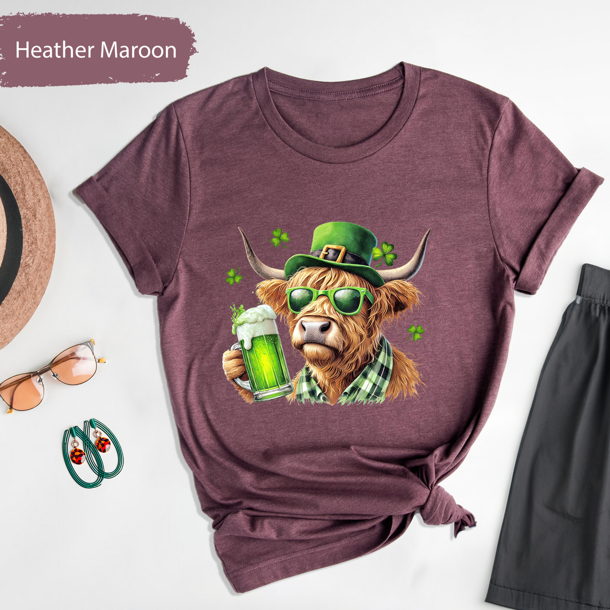 Highland Cow St. Patrick's Day Shirt, Irish Beer Drinking Cow Tee, Funny Lucky Cow T-Shirt, Shamrock Highland Cattle Tee, Retro St Patricks