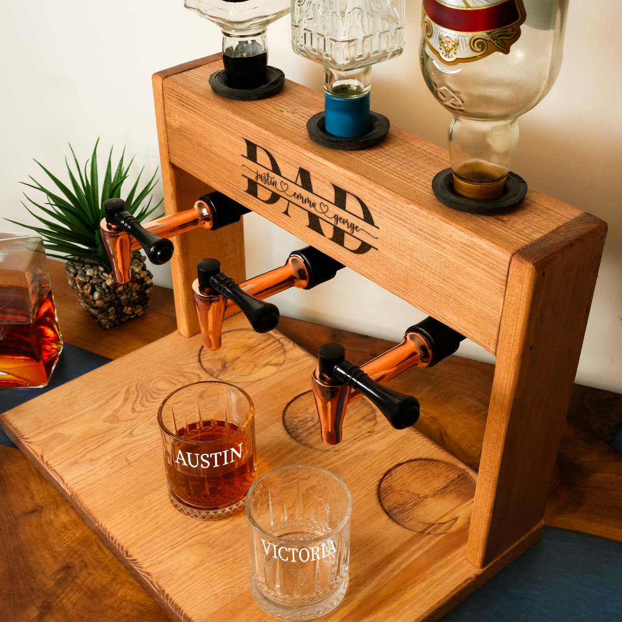 Personalized Name Wooden Whiskey Dispenser with Glasses, Grandpa Gifts, Liquor Decanter, Fathers Day, Alcohol Gift Set, Barware for Men
