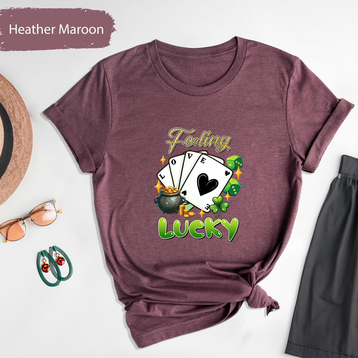 Feeling Lucky Glitter St Patricks Day Shirt, Irish Poker Cards Tee, Lucky Clover T-Shirt, Gambling Tee, St Patricks Gift, Gifts for Her
