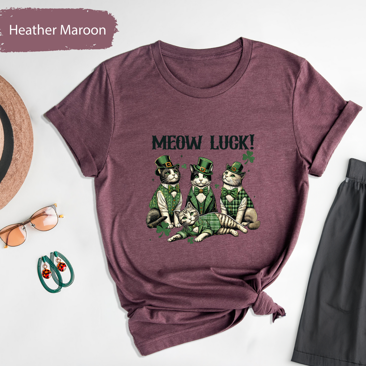 Meow Luck St Patricks Day Shirt, Cute Leprechaun Cats T-Shirt, Funny Irish Kitty Tee, Lucky Cat Lover Shirt, Patricks Day Gift for Cat Mom