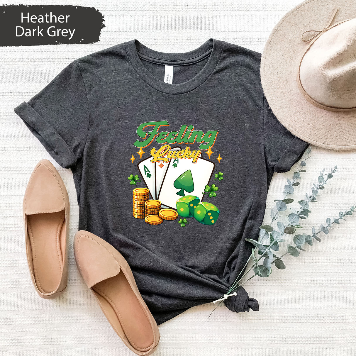 Feeling Lucky St. Patrick's Day T-Shirt, Irish Clover Graphic Tee, Saint Patricks Day Shirt, Lucky Dice Poker Cards Shirt, St. Paddy's Gift