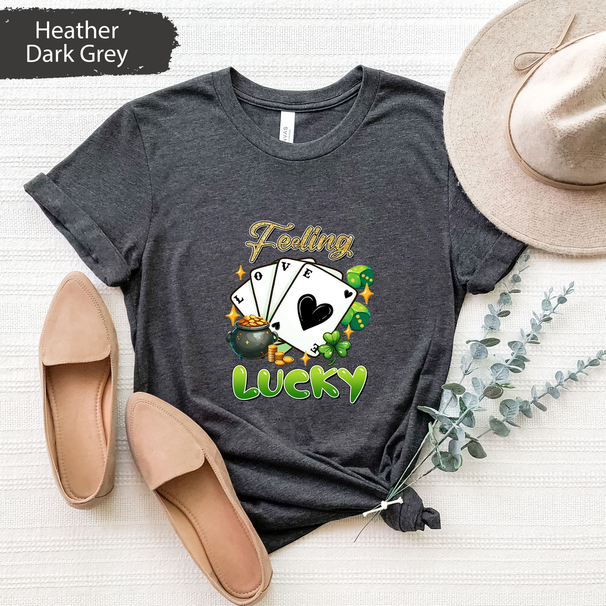 Feeling Lucky Glitter St Patricks Day Shirt, Irish Poker Cards Tee, Lucky Clover T-Shirt, Gambling Tee, St Patricks Gift, Gifts for Her