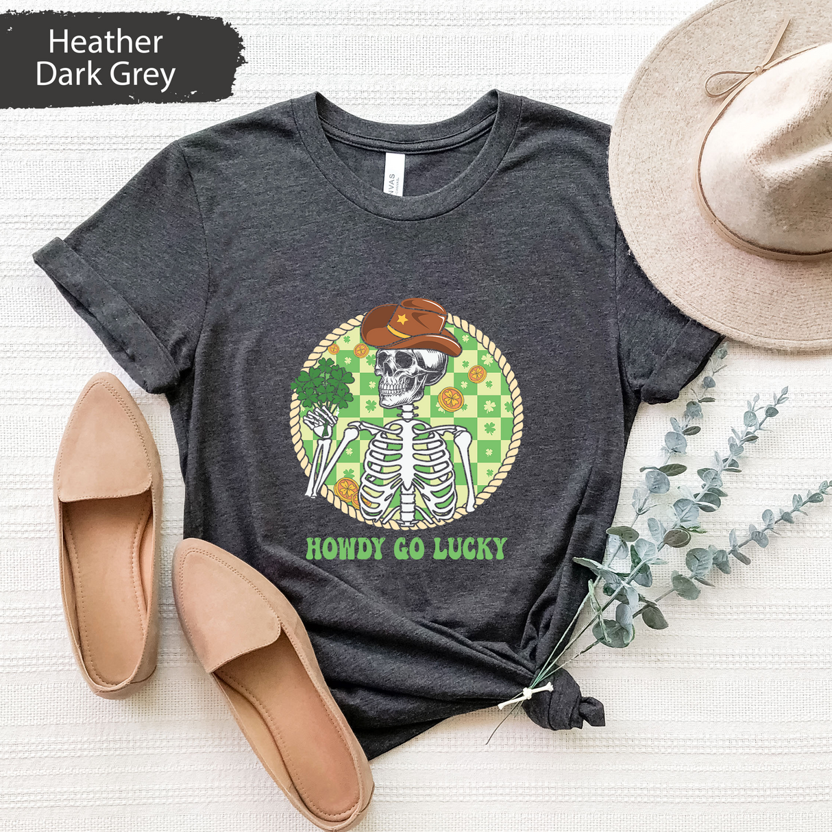 Howdy Go Lucky T-Shirt, Western St. Patricks Day Shirt, Lucky Cowboy Skeleton Tee, Funny Shamrock Irish Graphic Tees, St Paddys Day Gift