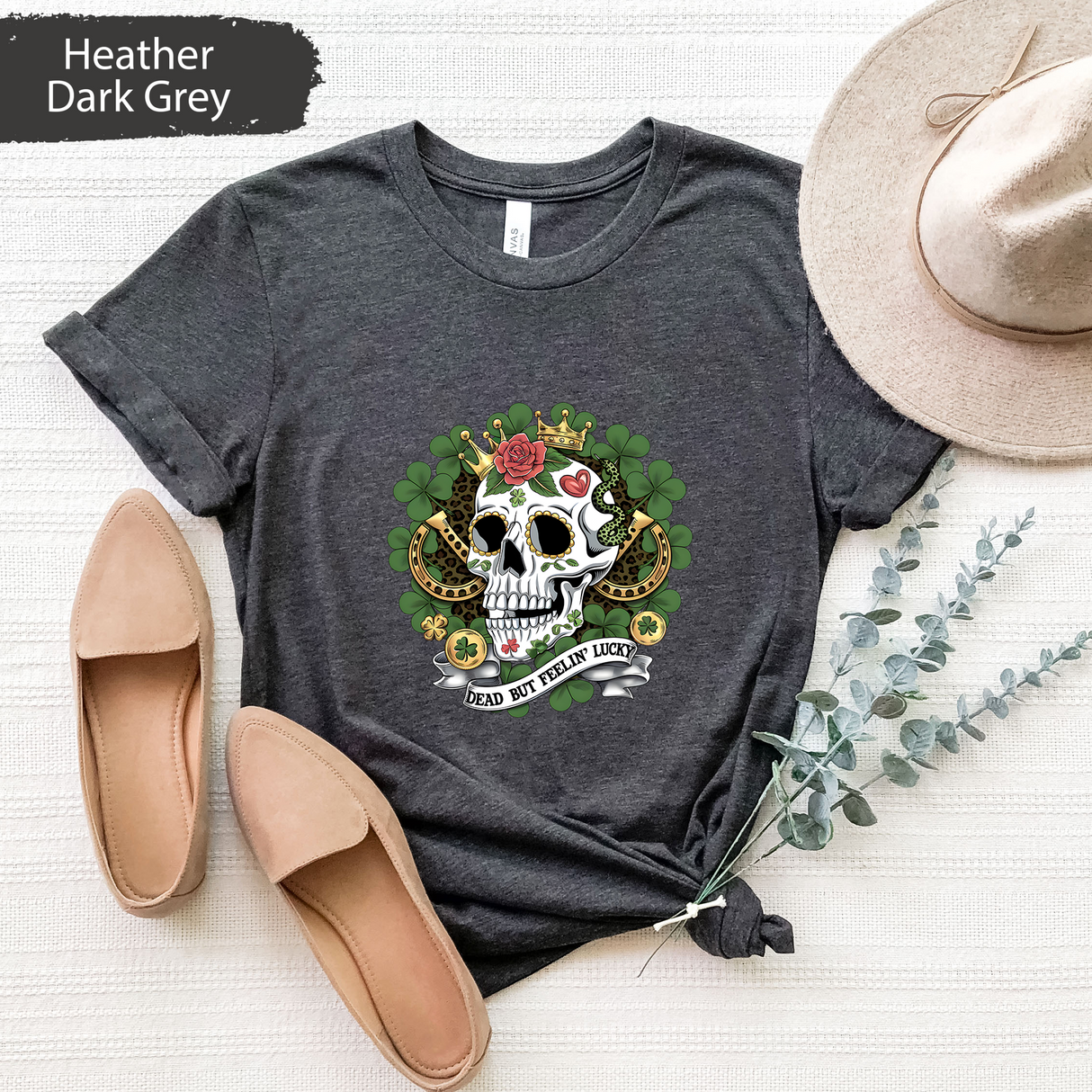 Dead But Feelin Lucky T-Shirt, Skull Clover Shirt, St Patrick's Day Tee, Lucky Skeleton Shirt, Irish Luck Graphic Tee, Gothic Skull Shirt