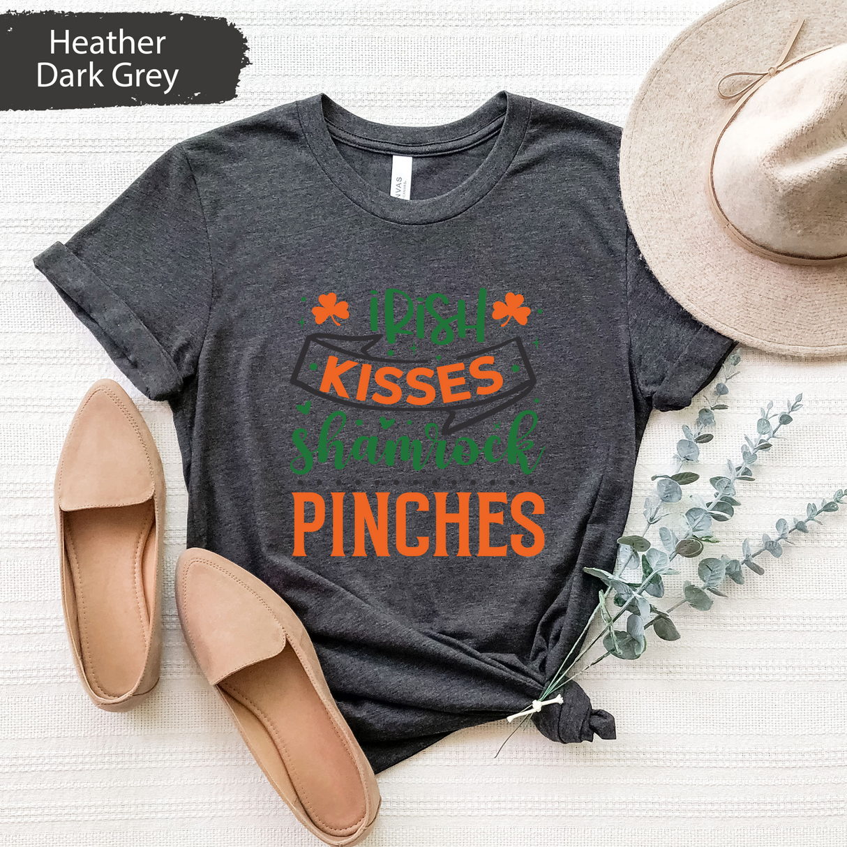 Irish Kisses Shamrock Pinches Shirt, Funny St Patricks Day Party T-Shirt, Cute Irish Day Graphic Shirt, Gift for Her, Lucky Clover Shirt