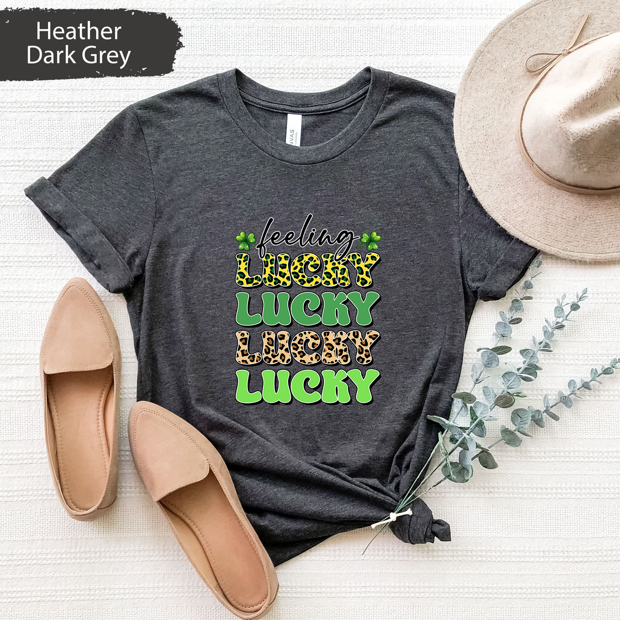 Feeling Lucky Shirt, St. Patrick’s Day Leopard Print Tee, Shamrock Lucky Graphic T-Shirt, Trendy Irish Day Gift, St Paddys Day for Womens