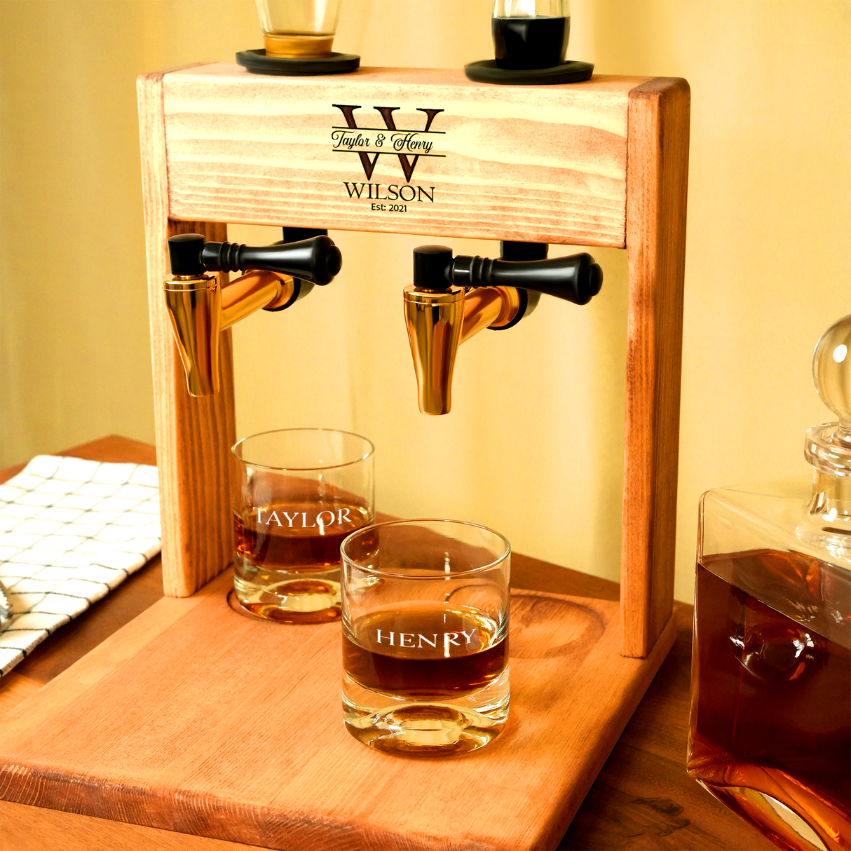 Engraved Custom Liquor Dispenser, Housewarming Gift, Newlywed Gift, Whiskey Decanter, Personalized Bourbon Glasses, Couples Whiskey Gifts