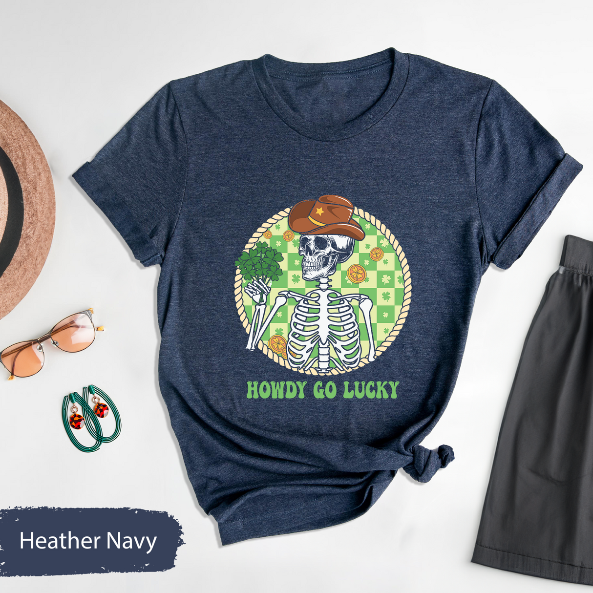 Howdy Go Lucky T-Shirt, Western St. Patricks Day Shirt, Lucky Cowboy Skeleton Tee, Funny Shamrock Irish Graphic Tees, St Paddys Day Gift