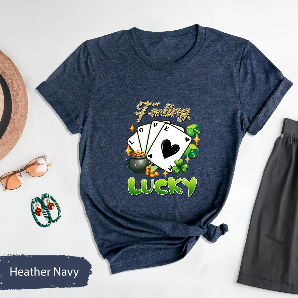 Feeling Lucky Glitter St Patricks Day Shirt, Irish Poker Cards Tee, Lucky Clover T-Shirt, Gambling Tee, St Patricks Gift, Gifts for Her