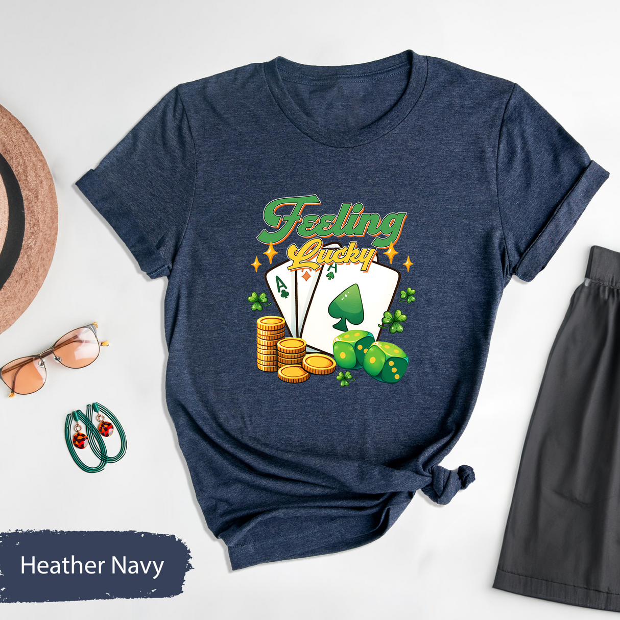 Feeling Lucky St. Patrick's Day T-Shirt, Irish Clover Graphic Tee, Saint Patricks Day Shirt, Lucky Dice Poker Cards Shirt, St. Paddy's Gift