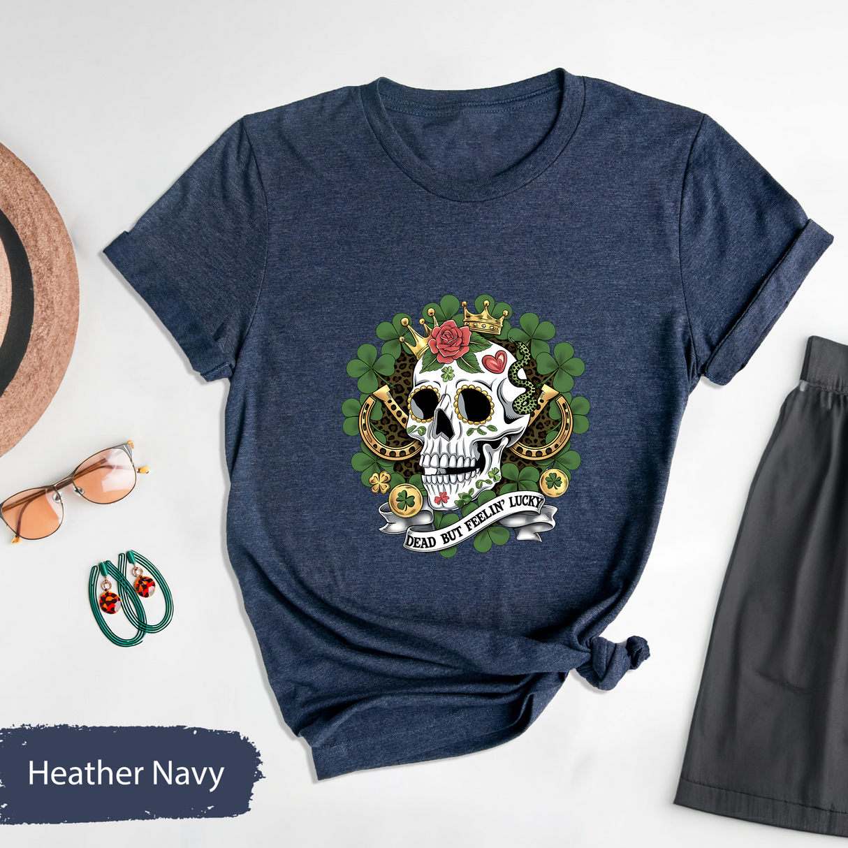 Dead But Feelin Lucky T-Shirt, Skull Clover Shirt, St Patrick's Day Tee, Lucky Skeleton Shirt, Irish Luck Graphic Tee, Gothic Skull Shirt