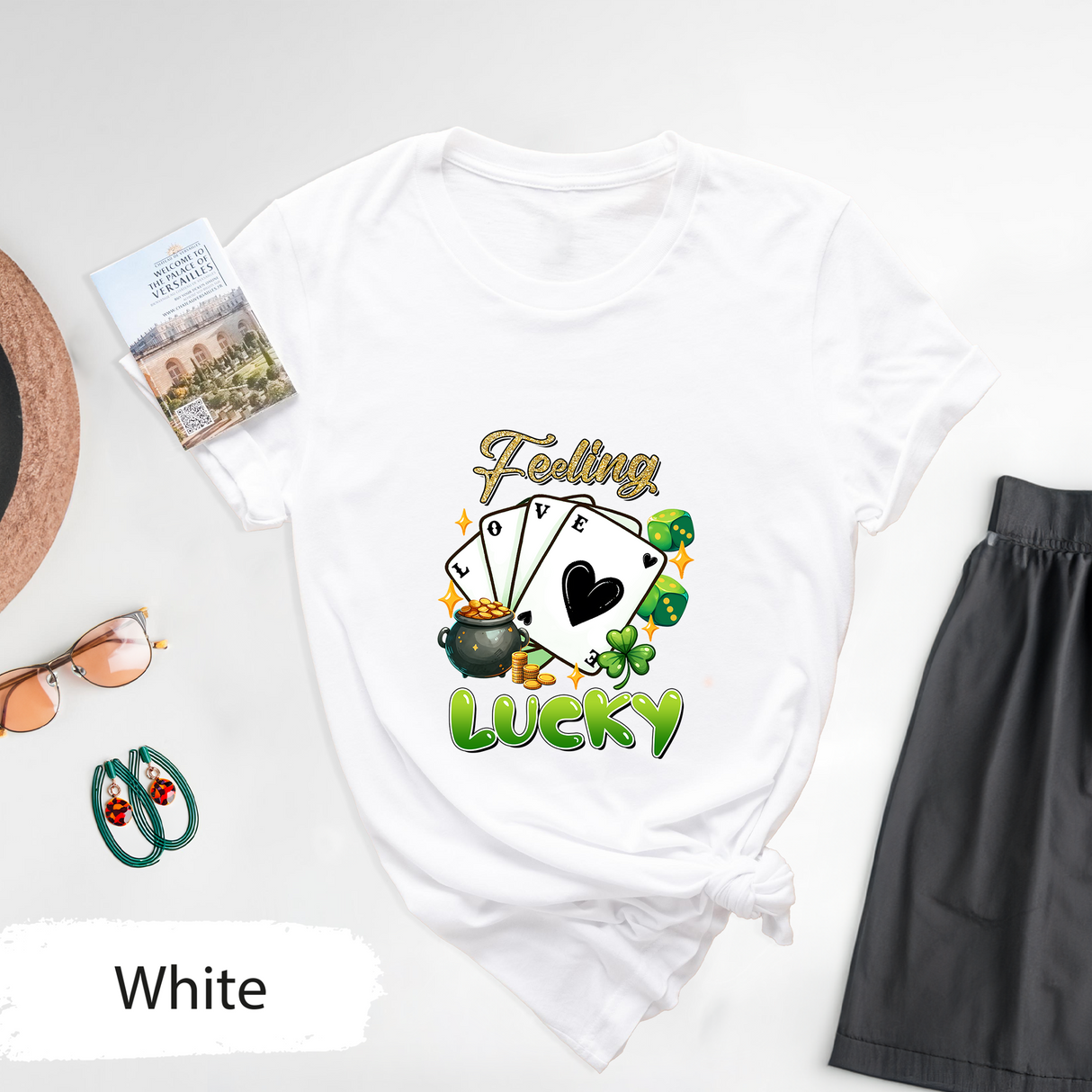 Feeling Lucky Glitter St Patricks Day Shirt, Irish Poker Cards Tee, Lucky Clover T-Shirt, Gambling Tee, St Patricks Gift, Gifts for Her