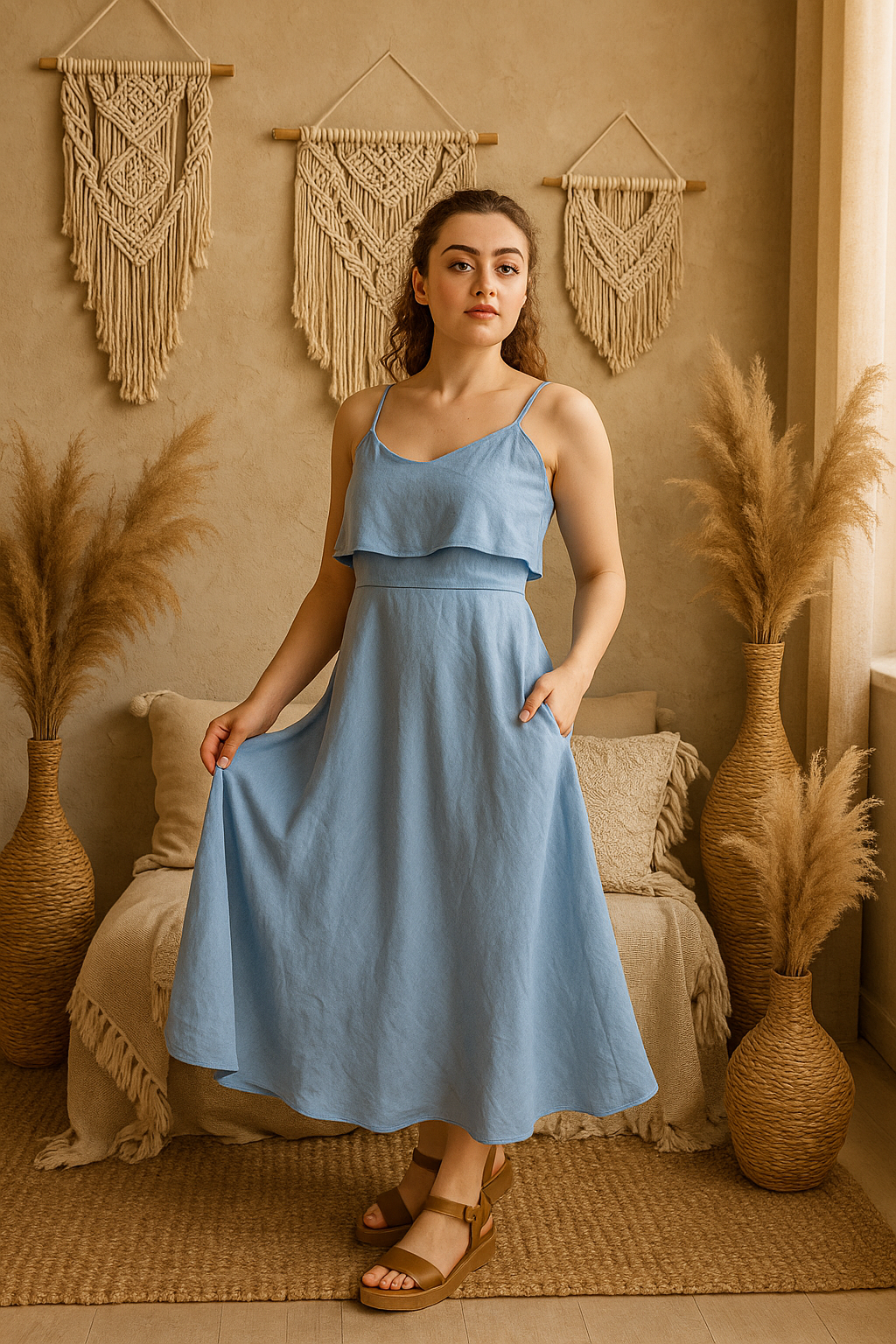 Linen Summer Dress, Boho Midi Outfit with Strap, Linen Dresses for Women, Lightweight Breathable Clothing, A-Line Linen Dress, Vacation Wear