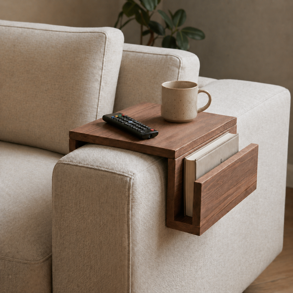 Sofa Armrest Organizer with Storage Pocket | Wooden Couch Tray Table