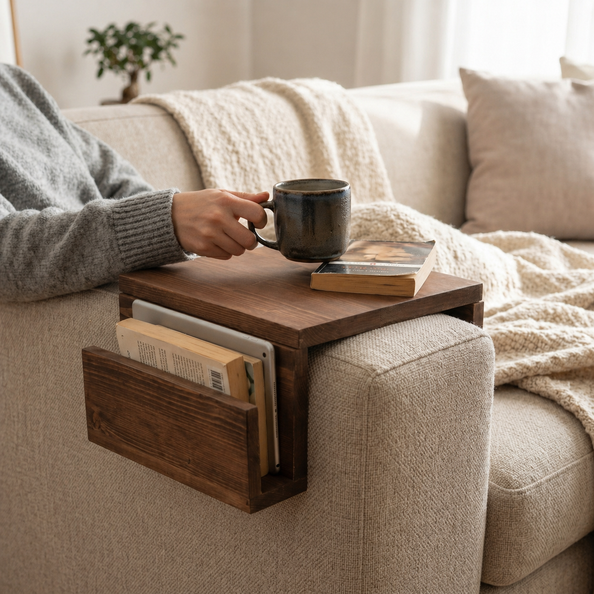 Sofa Armrest Organizer with Storage Pocket | Wooden Couch Tray Table