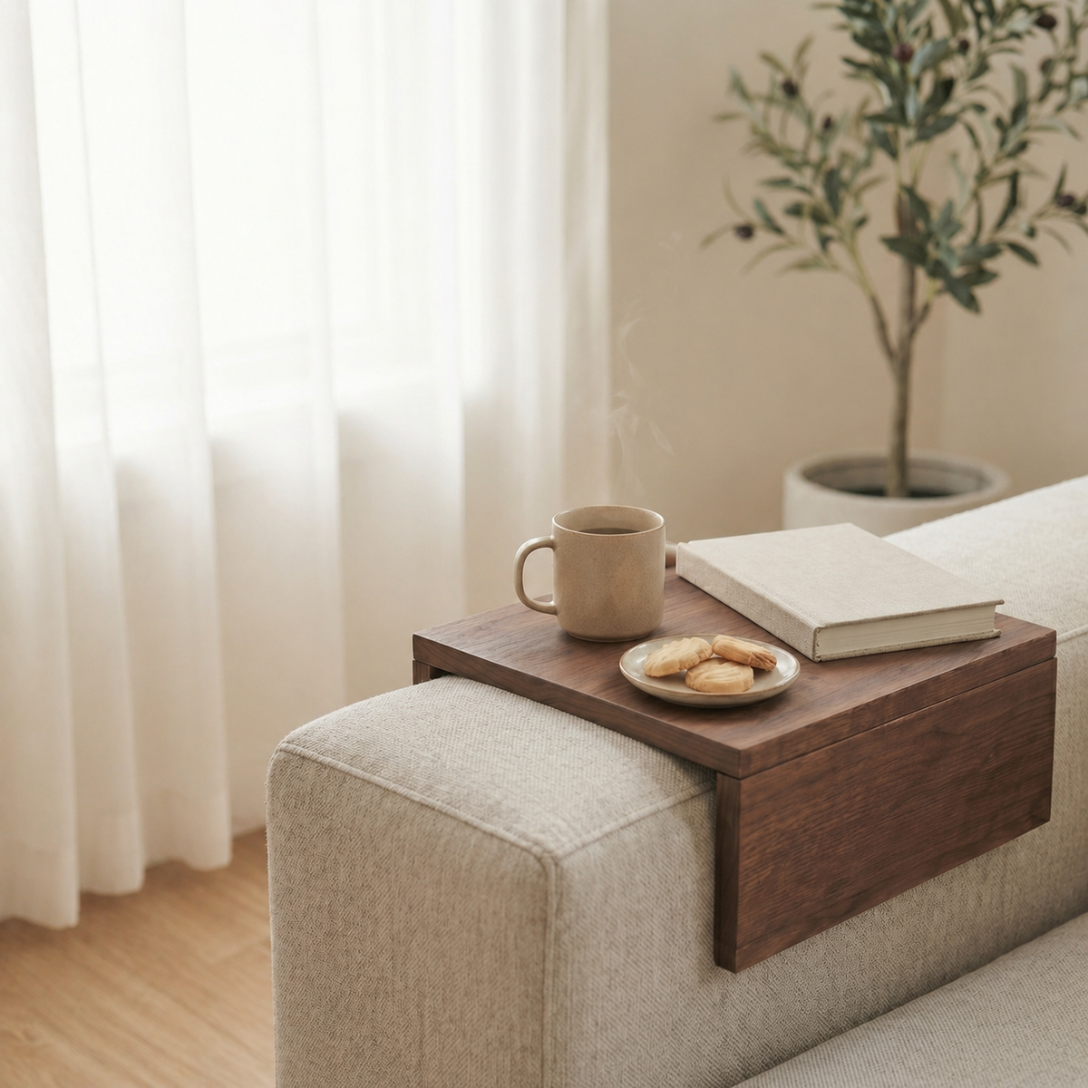 Sofa Armrest Organizer with Storage Pocket | Wooden Couch Tray Table