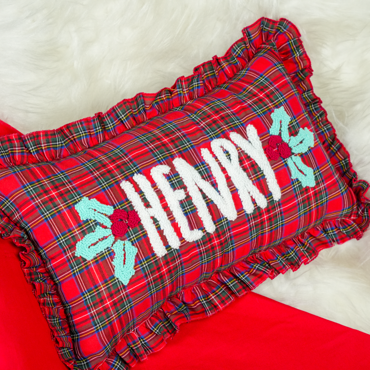 Nutcracker Punch Needle Christmas Pillow: Gingham Holiday Cushion, Seasonal Home Decor