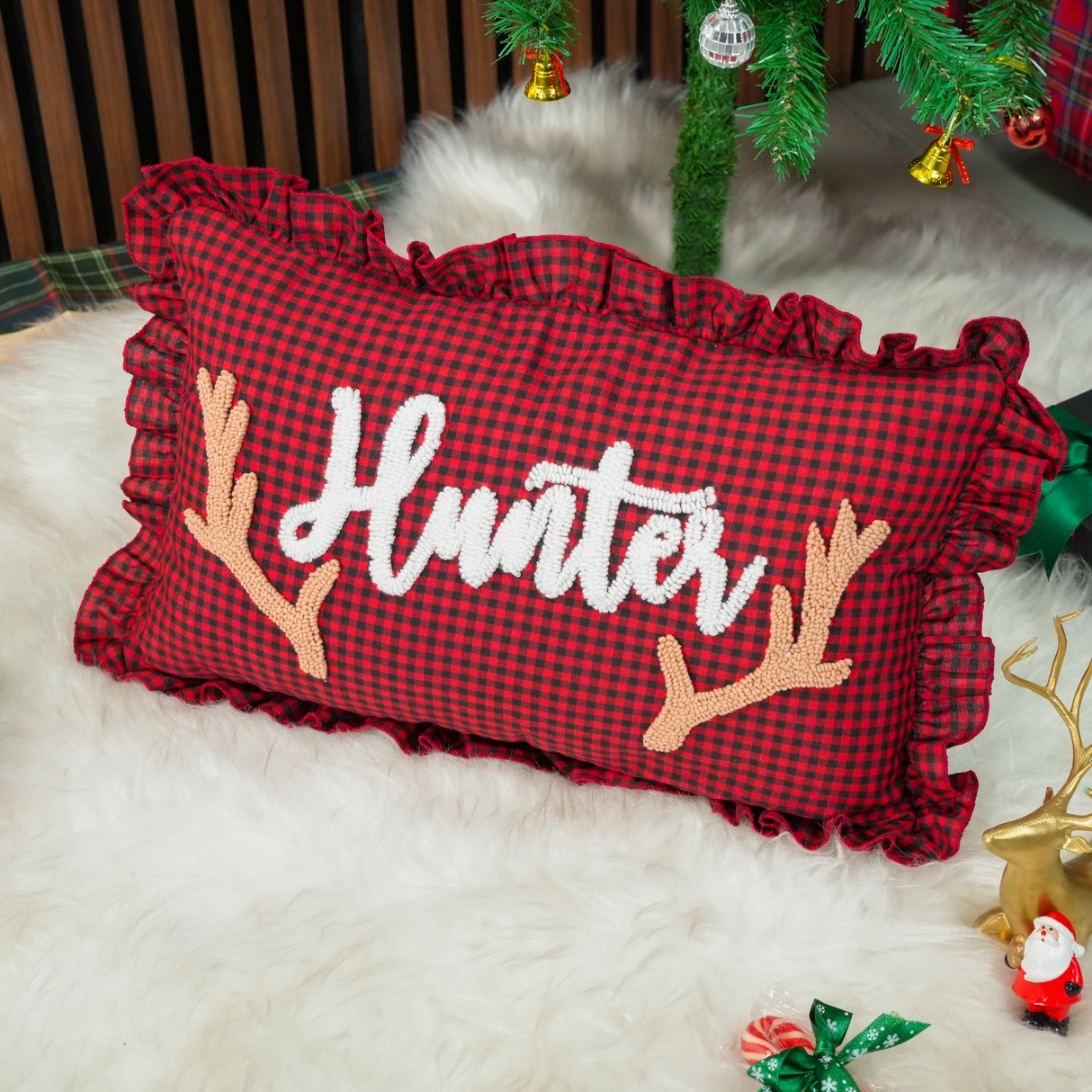 Merry Christmas Punch Needle Embroidered Ruffle Pillow: Green Gingham Holiday Cushion