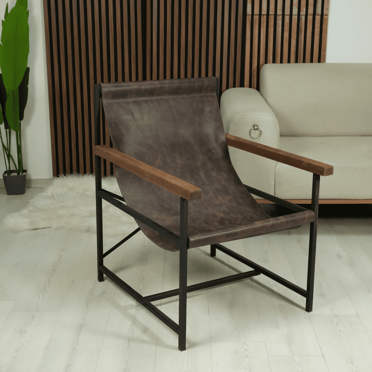 Handmade Compact Leather Lounge Chair, Rustic Elegant Seating with Metal Frame