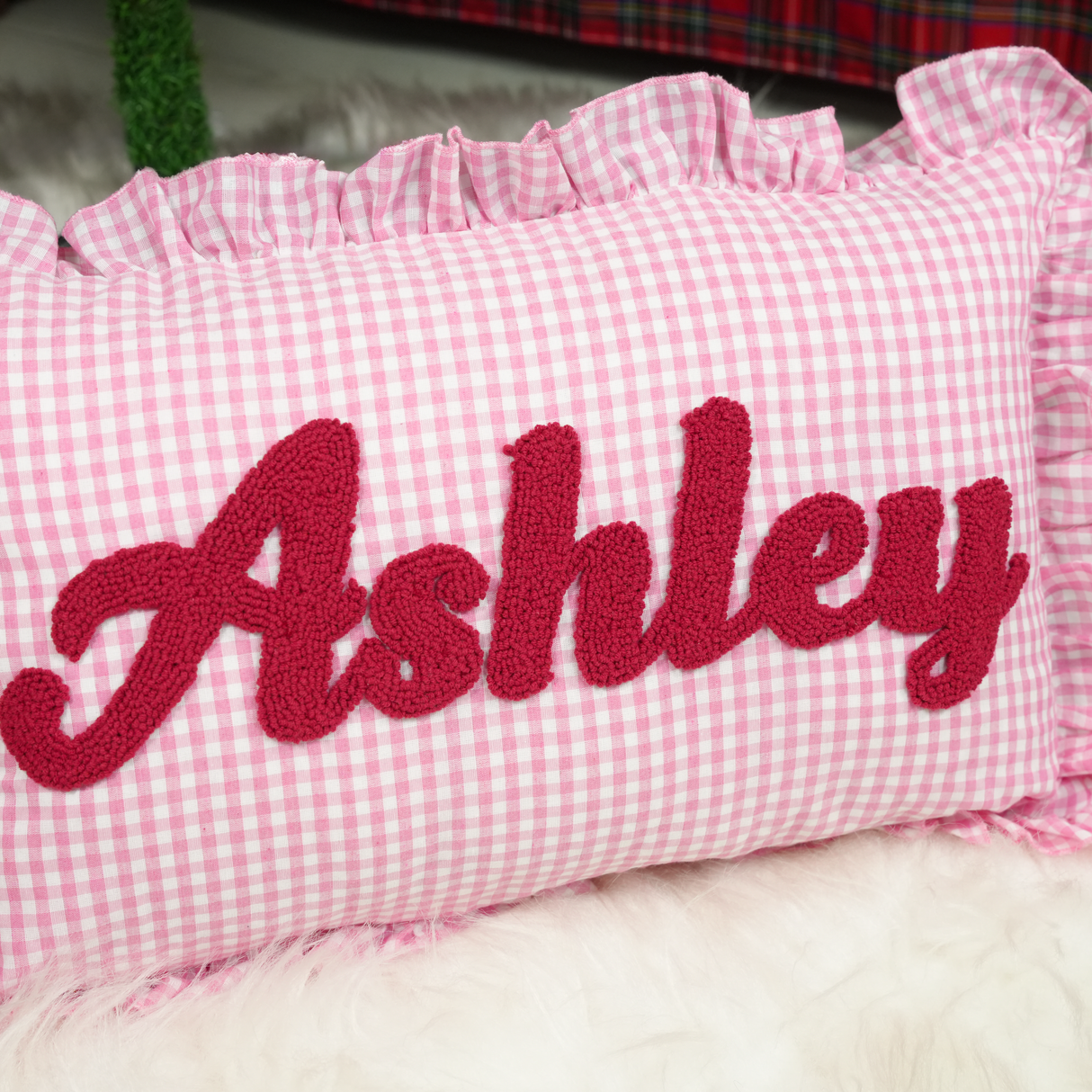 Pink Gingham Punch Needle Custom Name Pillow: Ruffle Baby Cushion, Nursery Decor