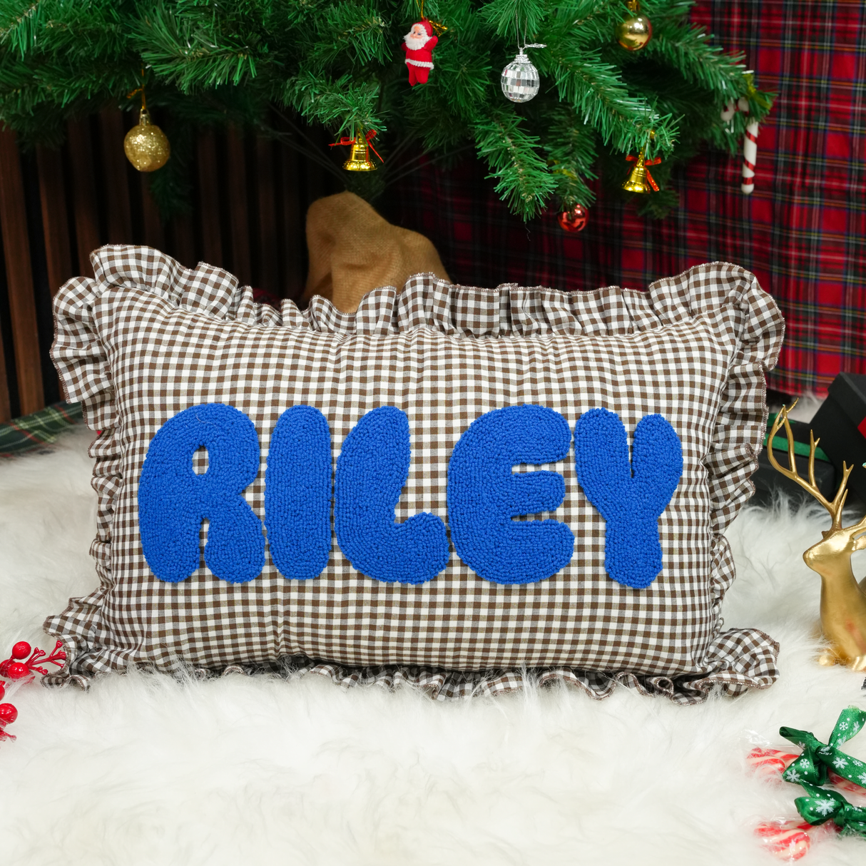 Custom Name Punch Needle Baby Boy Pillow: Blue Gingham Ruffle, College Dorm Decor