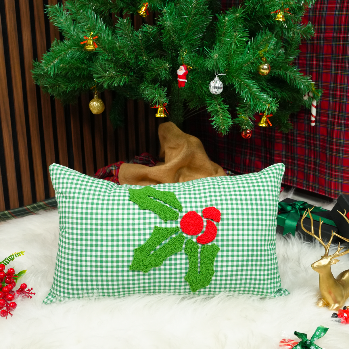 Christmas Punch Needle Personalized Pillow: Gingham Holiday Home Decor