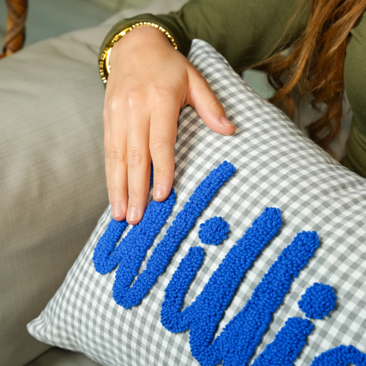 Monogrammed Gingham Ruffle Pillow: Personalized Punch Needle Embroidered Cushion