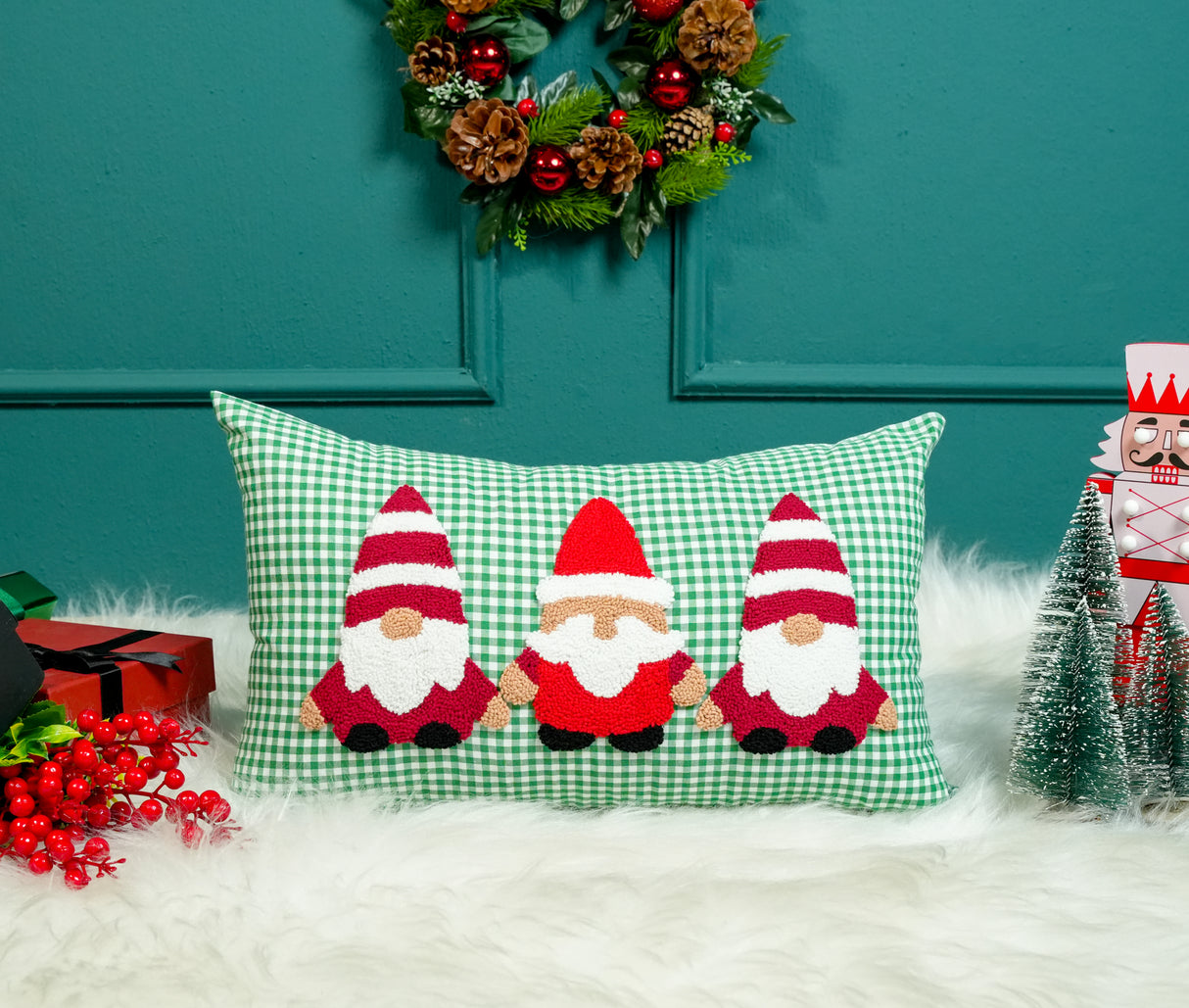 Punch Needle Christmas Gnomes Pillow: Green Gingham Cotton, Christmas Decoration