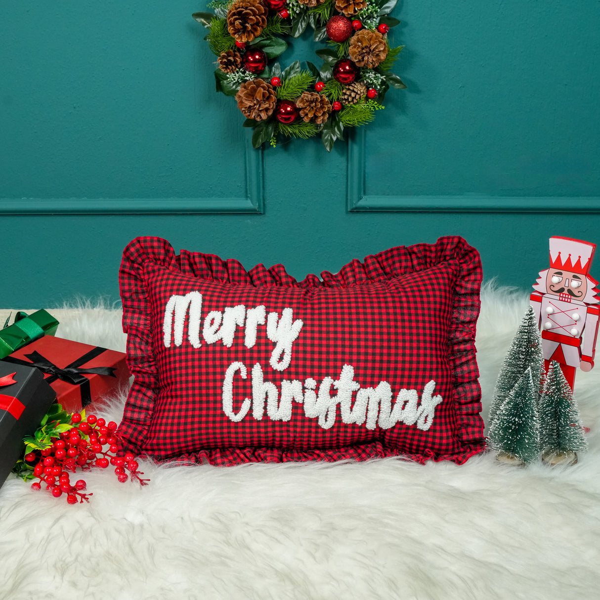 Merry Christmas Punch Needle Embroidered Pillow with Ruffle: Red Gingham Holiday Decor