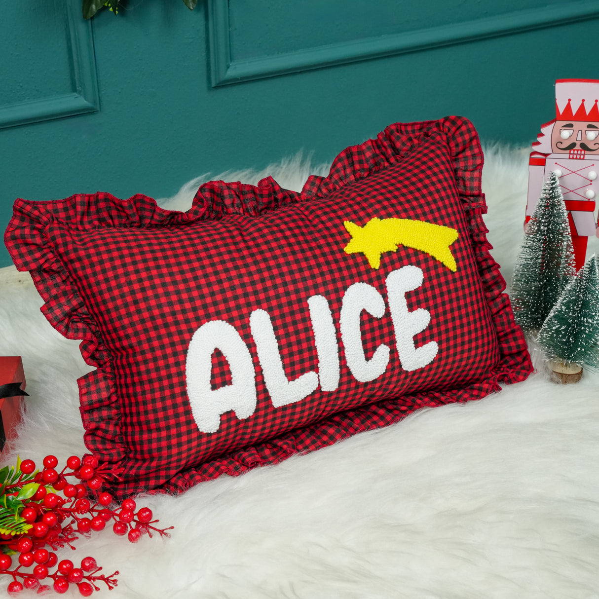 Personalized Punch Needle Pillow with Gingham Ruffle: Soft Nursery Decor