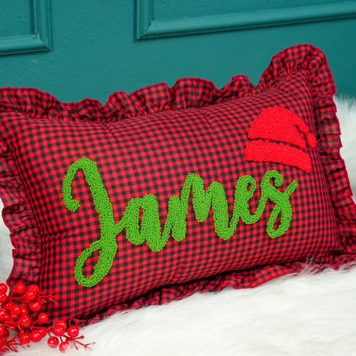 Custom Punch Needle Christmas Name Pillow: Festive Cushion with Embroidered Holiday Hat