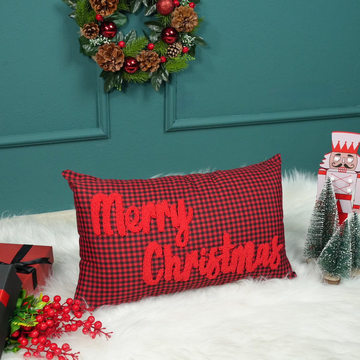 Personalized Pet Christmas Pillow: Green Gingham Cotton Cushion for Dog Christmas Gift