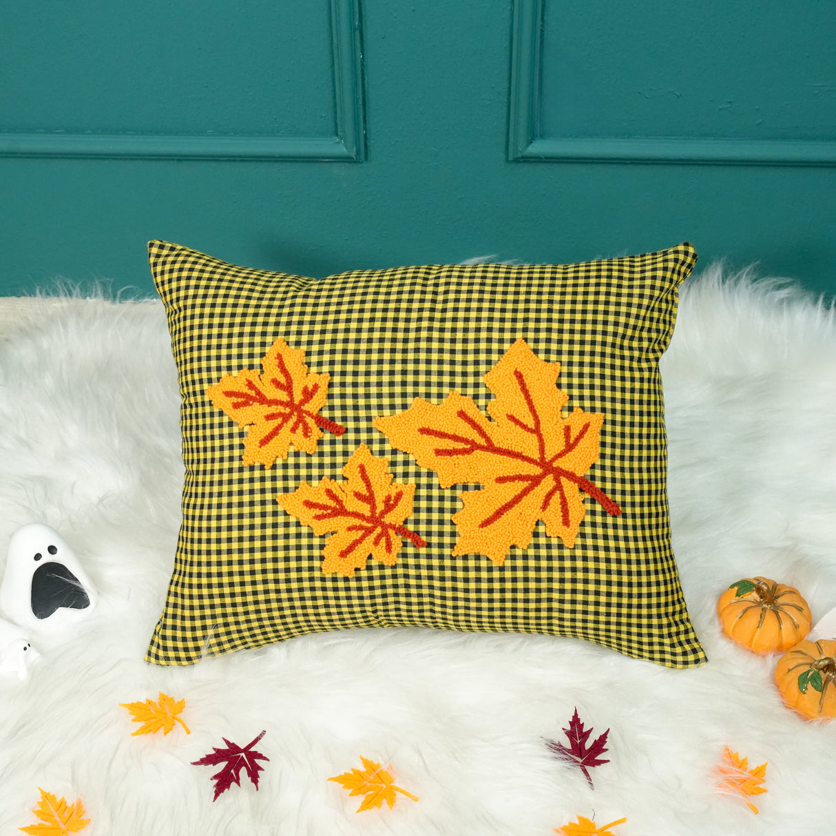 Fall Leaves Punch Needle Embroidered Decorative Pillow: Autumn Home Decor