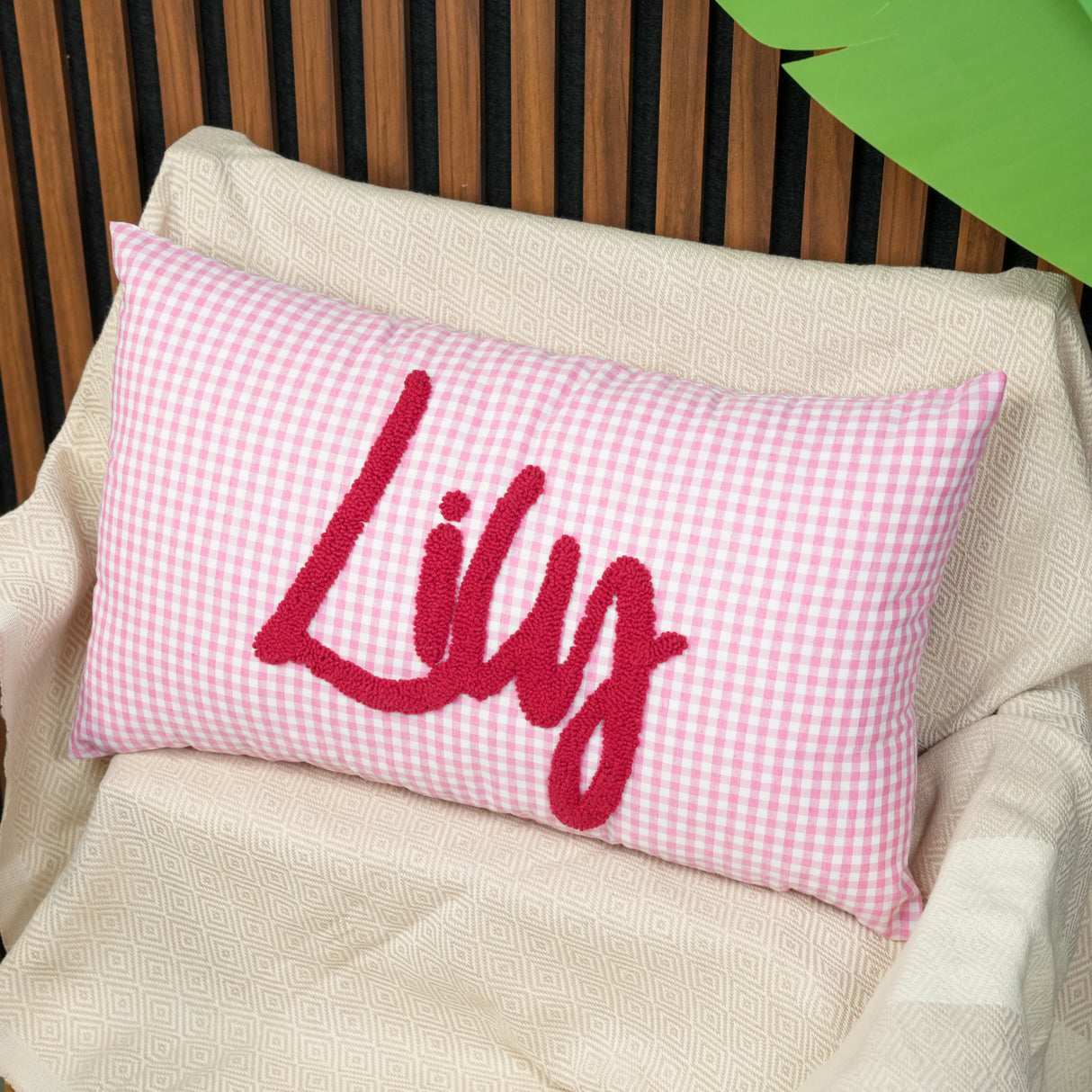 Personalized Name Pillow for Kids: Pink Gingham Cushion, Girl Nursery Decor