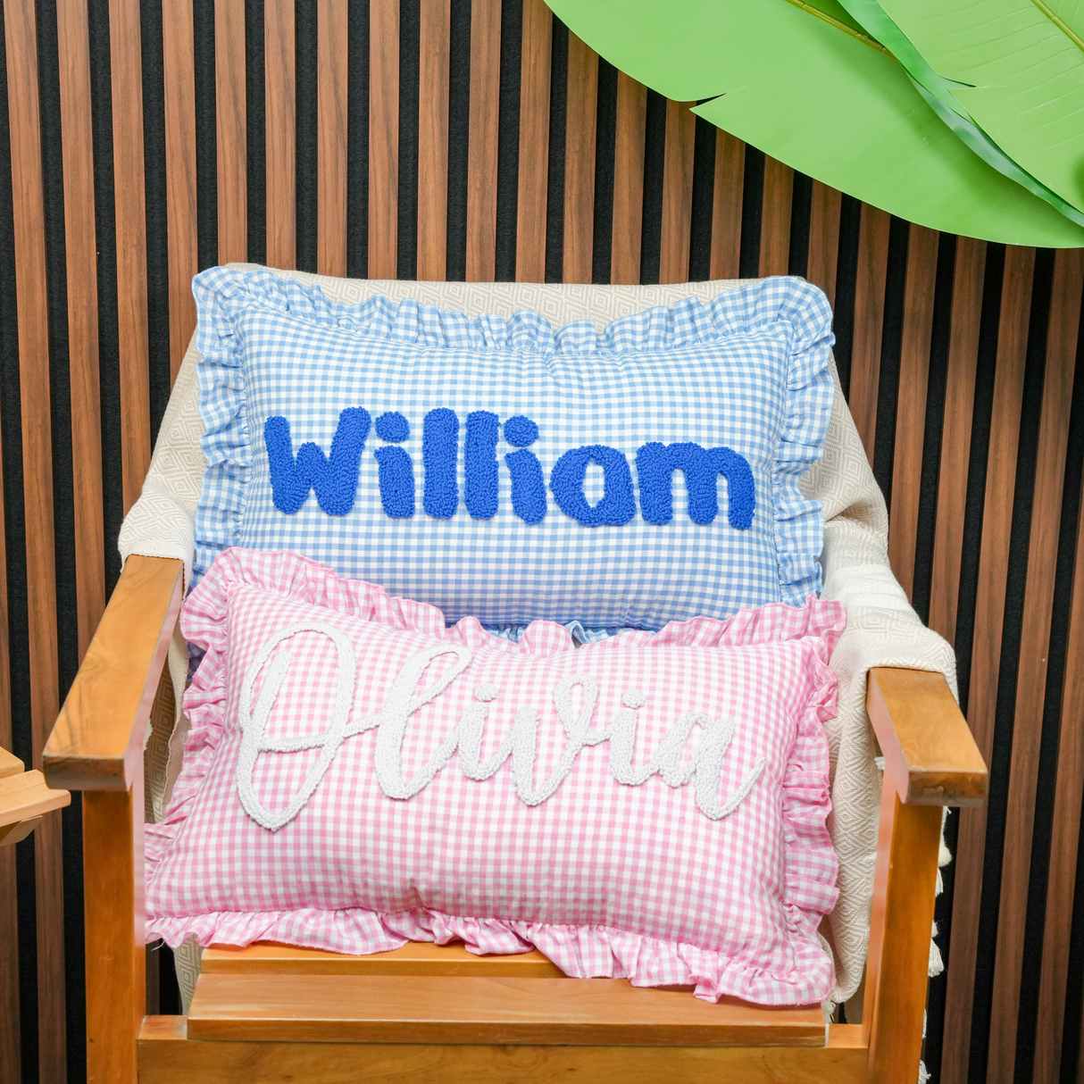Personalized Punch Needle Pillow with Gingham Ruffle: Soft Nursery Decor